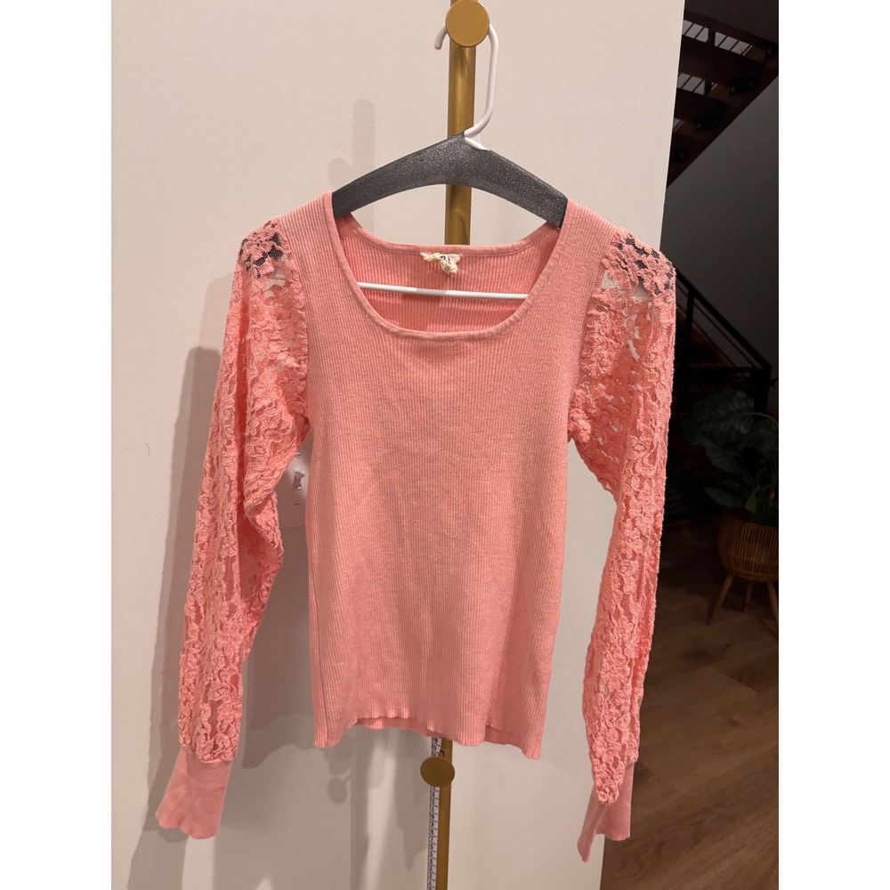 BIBI‎ Womens Pink Ribbed Knit Top Floral Lace Long Sleeve Scoop Neck Size L